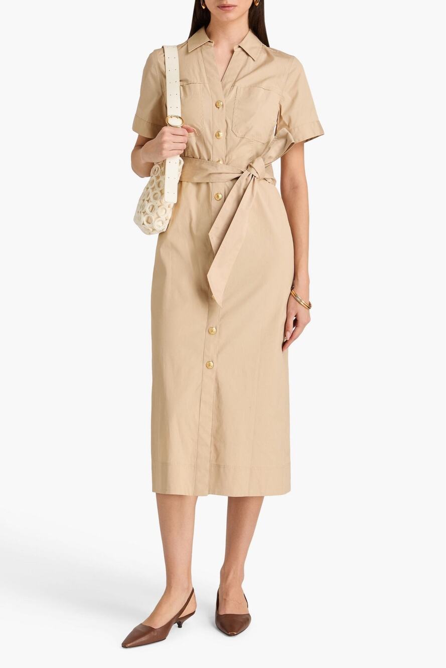 Veronica Beard Tabby Stretch-Cotton Poplin Midi Shirt Dress Sz 12 Tan GREAT
